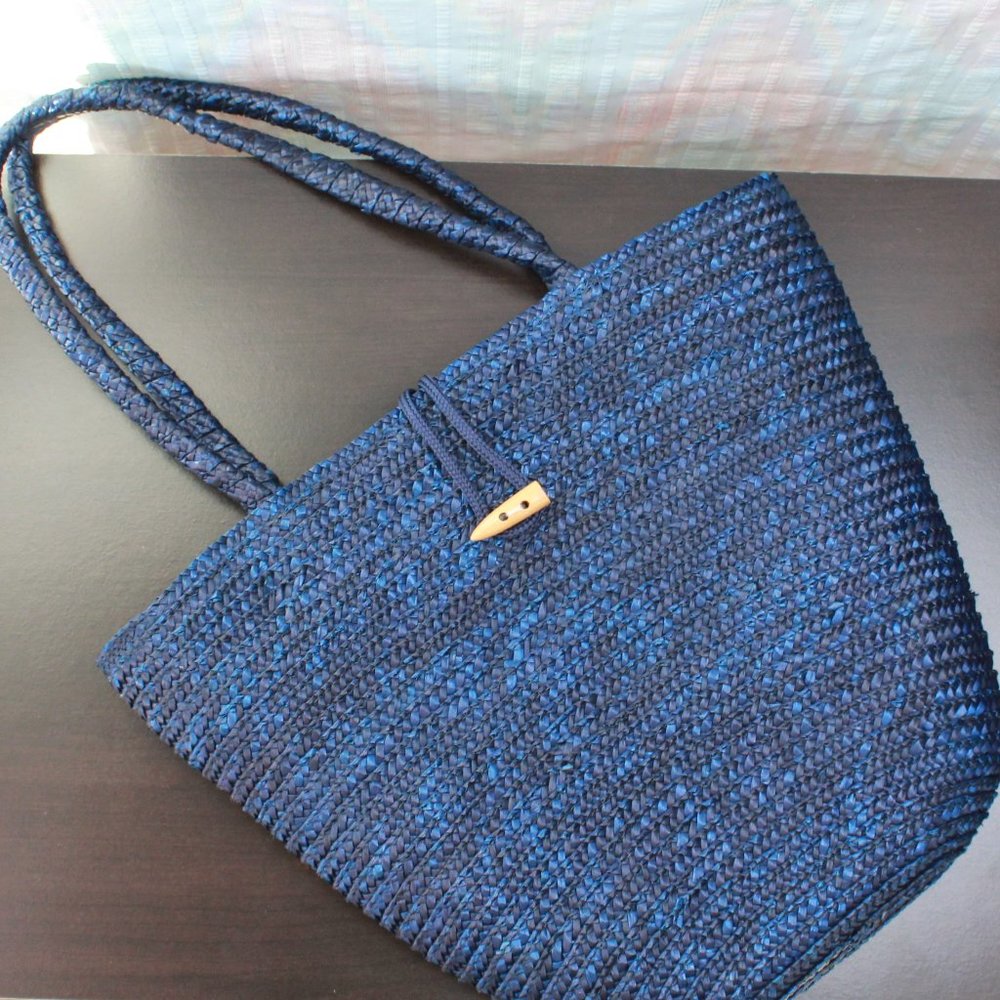 Midnight Blue Woven Organic Straw Rattan Purse